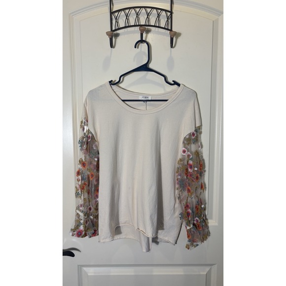 Umgee Women's Ivory Floral Embroidered Sheer Puff Long Sleeve Top Size Medium - Picture 2 of 8